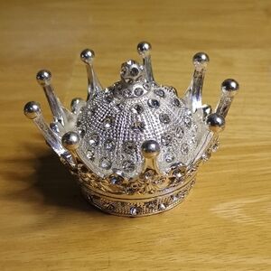 Silver Toned Jeweled Crown Shaped Trinket Box